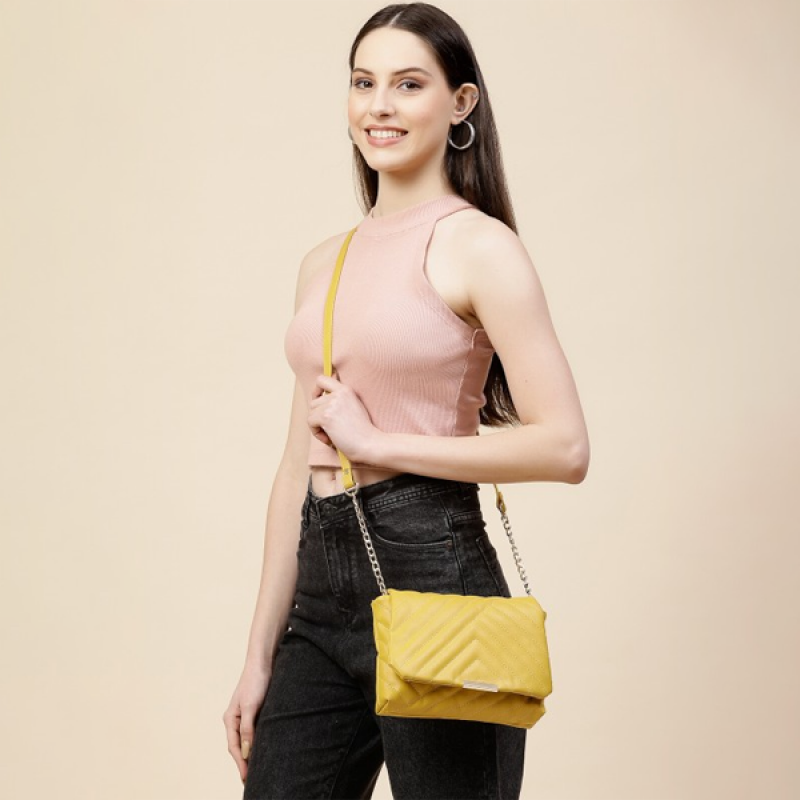 "Yellow Textured Structured Sling Bag "